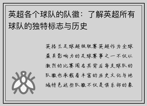 英超各个球队的队徽：了解英超所有球队的独特标志与历史