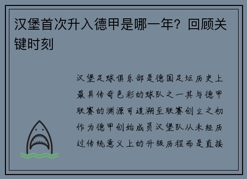 汉堡首次升入德甲是哪一年？回顾关键时刻